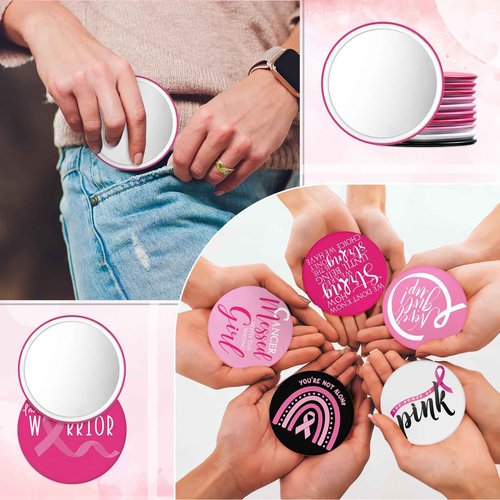 Wonderjune 200 Pcs Breast Cancer Awareness Gifts Pocket Mirror Bulk Portable Travel Mirrors Pink Ribbon Breast Survivor Compact Mirror for Charity Women Public School Events Supplies (Inspirational)