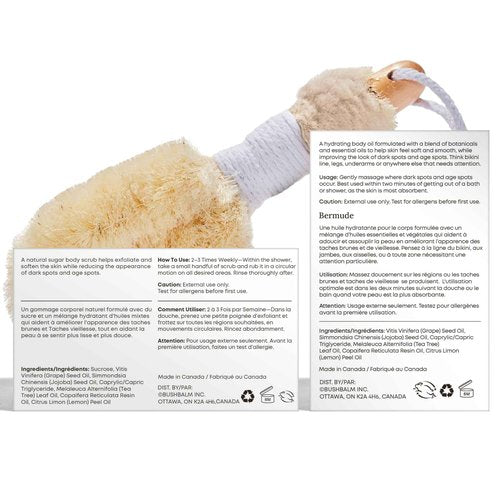 Bushbalm Dark Spots and Ingrown Hair 3 Step Routine - Rejuvenate and Nourish - Bermuda Oil (30 ml), Bermuda Dark Spot Exfoliating Scrub (236 ml) and Nordic Dry Brush