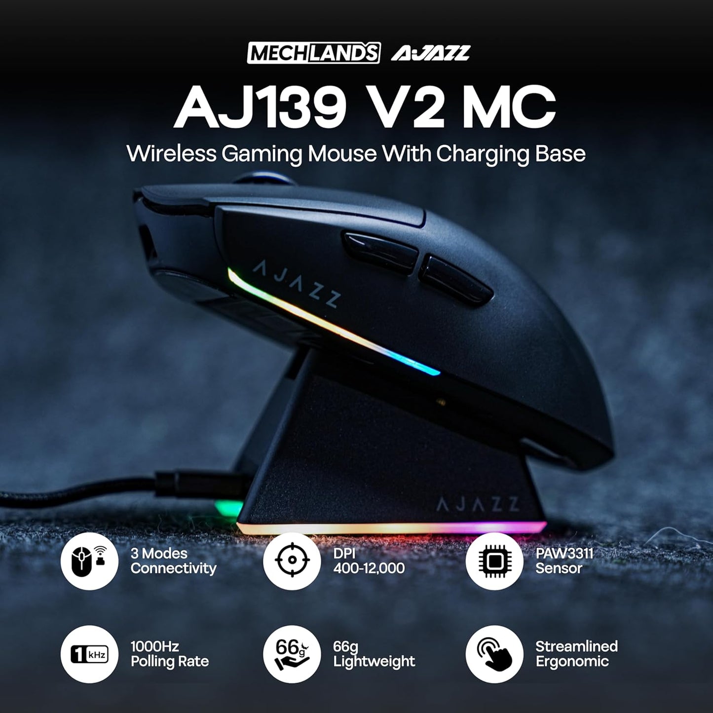 AJAZZ AJ139 V2 MC Gaming Mouse with Charging Base, Adjustable 12,000 DPI, PAW3311 Sensor, 3 Modes Wireless Mouse, 500mAh Battery, 1000 Polling Rate, 66g Lightweight, Win/Mac (White)