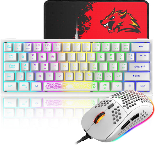 60% Gaming Keyboard and Mouse Combo Small Mini RGB Backlight Mechanical Feeling and Mechanical RGB 6400 DPI Honeycomb Optical Mouse,Gaming Mouse pad for Gamers and Typists Black
