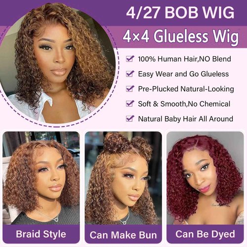 RUI MEI SI Glueless Wigs Human Hair Pre Plucked Pre Cut 4/27 Highlight Ombre Honey Blonde Curly Wigs Human Hair for Beginners 4x4 Deep Wave Lace Closure Glueless Wigs for Black Women 18 Inch