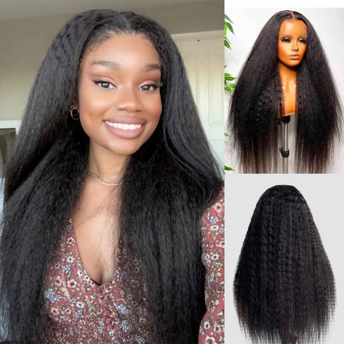 DSEKCAIN Yaki Straight Wig Human Hair 250 Density 5X5 Transparent HD Lace Closure Kinky Straight Human Hair Wig For Women18 inch