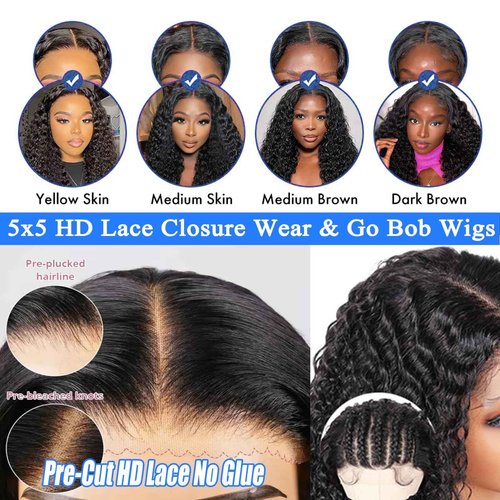 Wear and Go Bob Wig Human Hair Deep Wave Glueless Wigs Human Hair Pre Plucked Pre Cut Chocolate Brown 5x5 HD Lace Closure Curly Wigs for Black Women Lace Front Glueless Wigs Human Hair 14inch