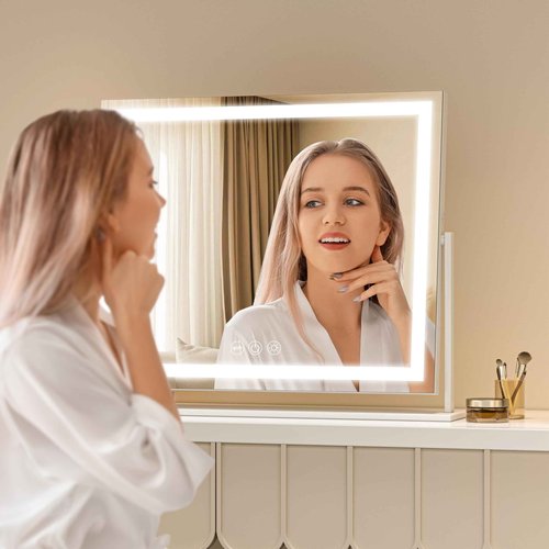 Batuso Vanity Mirror with Lights, 24'' x 20'' Lighted Makeup Mirror, Touch Screen with 3-Color Lighting, Dimmable for Vanity Desk Tabletop Square White