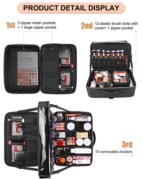Relavel Extra Large Makeup Bag, Makeup Case Professional Makeup Artist Kit Train Case Travel Cosmetic Bag Brush Organizer, Waterproof Leather Material, with Adjustable Shoulder Straps and Dividers