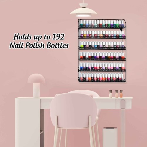 AMT 6 Tier Up to 192 BOTTLES Metal Nail Polish Racks for the Wall, Quality Nail Polish Display, Essential Oils Organizer. Holds up to 192 Bottles (Black)