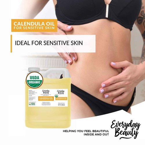 Organic Calendula Oil For Sensitive Skin -Bulk 32 Fl Oz- USDA Organic Certified 100% All Natural Plant Based, Lightweight & Unscented Gentle Soothing Oil For Sensitive Skin - For Face, Skin & All Over