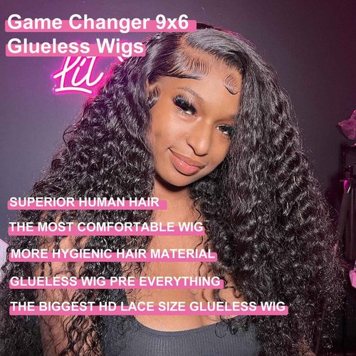 BLY Glueless Wigs Human Hair 9x6 M-Cap Wig Max Parting HD Lace Pre Cut Wig for Women Pre Plucked, Bleached Tiny Knots Deep Wave Curly Lace Front Wigs Wear Go 180% Density 20 Inch