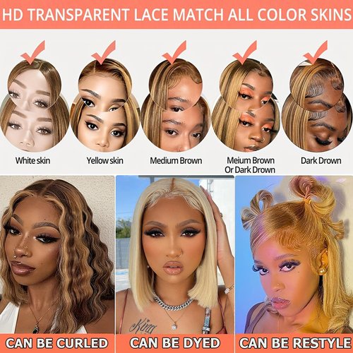 Highlight Bob Wig Human Hair Ombre Honey Blonde 13x4 Lace Frontal Wigs for Black Women 4/27 Bob Lace Front Wig Brazilian Virgin Human Hair Bob Wig 180% Density Pre Plucked with Baby Hair 14inch