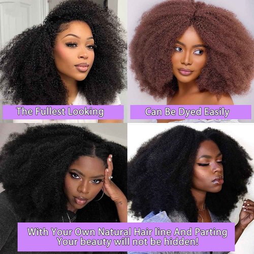 CanaryFly Afro Kinky Curly Half Wigs For Black Women 200% Density 3 In 1 Half Wig Human Hair With Drawstring Afro Curly Glueless Flip Over Wigs Quick Install Beginner Friendly, Natural Black(14inch)