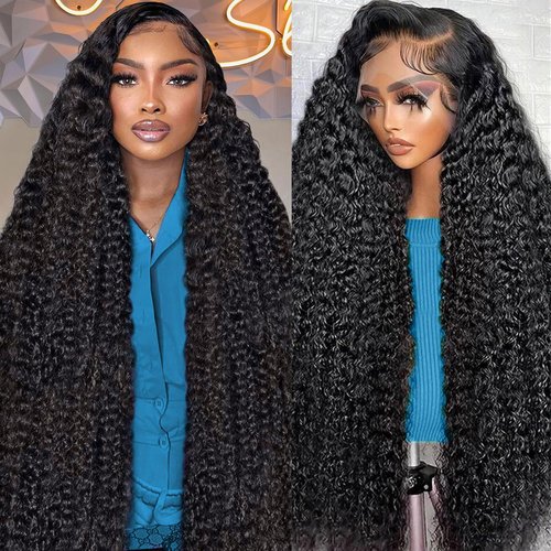 22 Inch Deep Wave Lace Front Wigs Human Hair 200 Density 13x6 HD Transparent Lace Front Wigs Human Hair for Women Deep Curly Lace Frontal Wig Human Hair Pre Plucked Glueless Wigs Natural Black