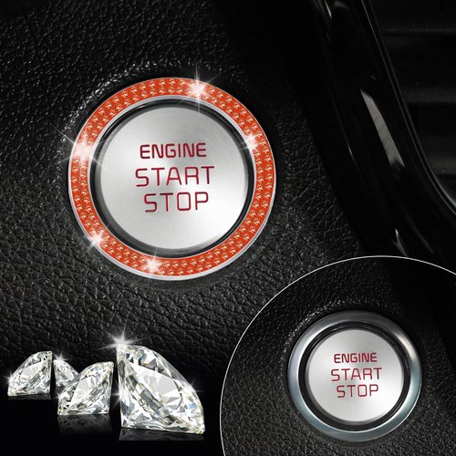 LivTee 2 PCS Crystal Double Rhinestone Car Engine Start Stop Decoration Ring, Bling Car Interior Accessories for Women, Push to Start Button Cover Sticker, Automotive Decals, Reddish Orange