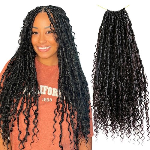 Boho Locs Crochet Braids Pre Looped With Human Hair Extensions Curly Ends Deep Wave Goddess Soft Locs Box Knotless Braids Hair Synthetic Dreadlocks Braiding for Women CHARMING YOU 18 Inch 24Strands