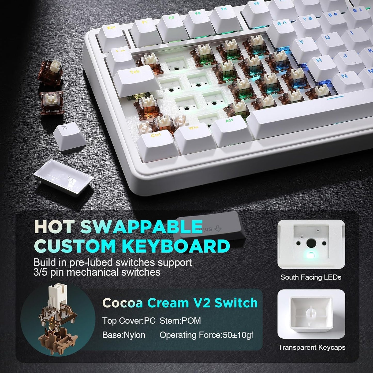 YUNZII B75 Mechanical Keyboard,75% Layout with Knob,Hot Swappable RGB Backlit Gasket Mounted, Creamy Typing, Double-Shot PBT Keycaps,Cherry Profile,for Win/Mac (White, Milk V2 Linear Switch)