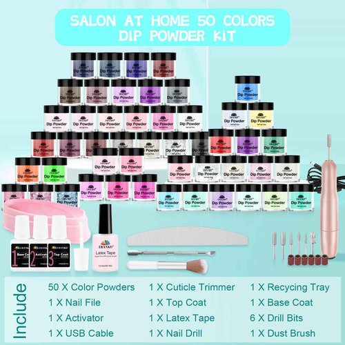 50 Color Dip Powder Nail Kit with Electric Nail Drill Base & Top Coat/Activator Liquid Nail Art Manicure Salon DIY for Daily at Home Party Gifts for Women