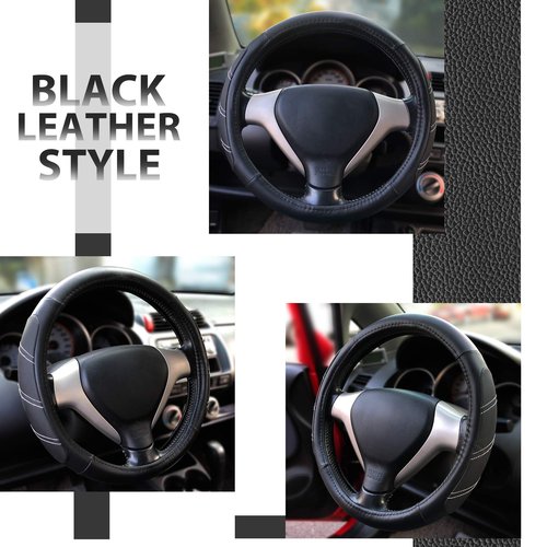 Elantrip Sport Leather Steering Wheel Cover 14 1/2 inch to 15 inch Universal, Padded Soft Grip Breathable for Car Truck SUV Jeep, Anti Slip Odorless Black