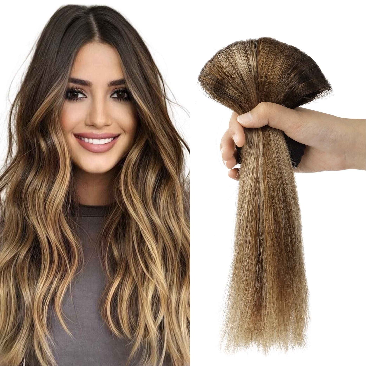 Lashey Clip in Hair Extensions - 22 inch Dark Brown to Chestnut Brown & Dirty Blonde Highlighted Real Human Hair - 120g 7pcs