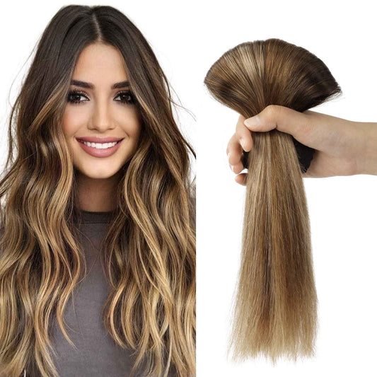 Lashey Clip in Hair Extensions - 22 inch Dark Brown to Chestnut Brown & Dirty Blonde Highlighted Real Human Hair - 120g 7pcs