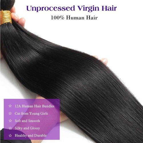Straight Weave Bundles Human Hair Glossy Hair Bundles 22 24 26 Inch Brazilian Virgin Raw Human Hair Bundle for Quick Weave Sew In Soft and Thick Weft Hair Extensions for Women