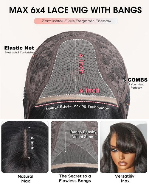 tunfine Straight Human Hair Wig with Bangs 4x6 Lace Closure Bang Wig 100% Burmese Virgin Human Hair Beginner Friendly Ready to Wear Glueless Wigs for Women 16 Inch