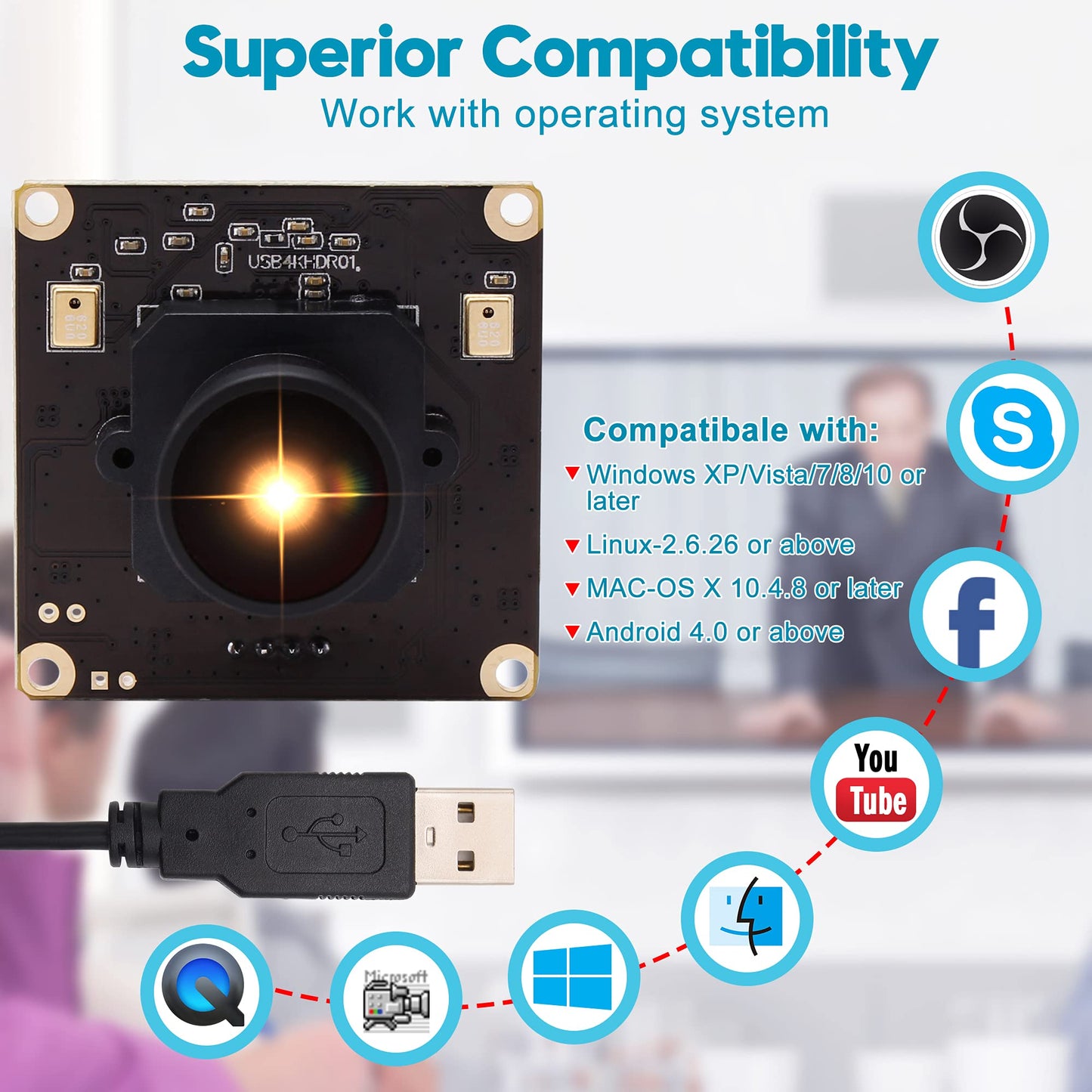 ALPCAM 4K USB Camera Ultra HD 2160P Webcam with IMX317 Sensor, 170 Degree Fisheye Lens, Dual Microphone, Plug and Play for Windows/Mac/Linux/Raspberry Pi