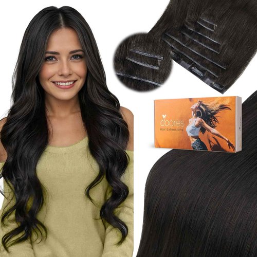 DOORES Human Hair Extensions, Natural Black 16 Inch 7 pcs 120g, Genius Seamless Clip in Hair Extensions with Invisible Weft and Straight Invisi Edge