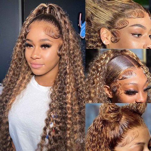 Aimking Honey Blonde Human Hair Wig Ombre Highlight 4/27 Deep Wave Lace Front Wigs Human Hair Curly Wig 180% Density Lace Frontal Wigs (26 Inch)