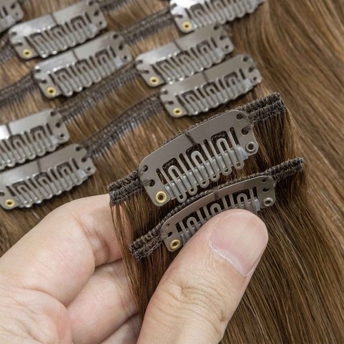 Clip in Hair Extensions Real Human Hair S-noilite #4T4P27 Chocolate Brown to Caramel Blonde Double Weft hair extensions 20 Inch Clip in Real Human Hair for Women Balayage Straight 7PCS 125g