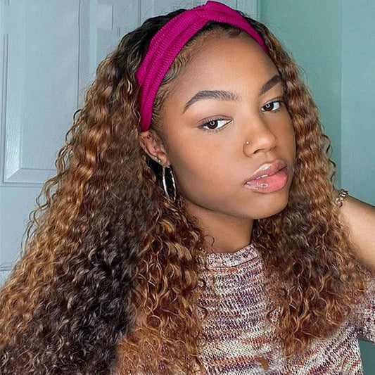 4/27 Highlight Ombre Blonde Headband Wig Human Hair Deep Wave Headband Wig Attached Half Wigs Deep Wave Curly Human Hair Headband Wig for Black Women 150% Density Human Hair Wigs 24 inch