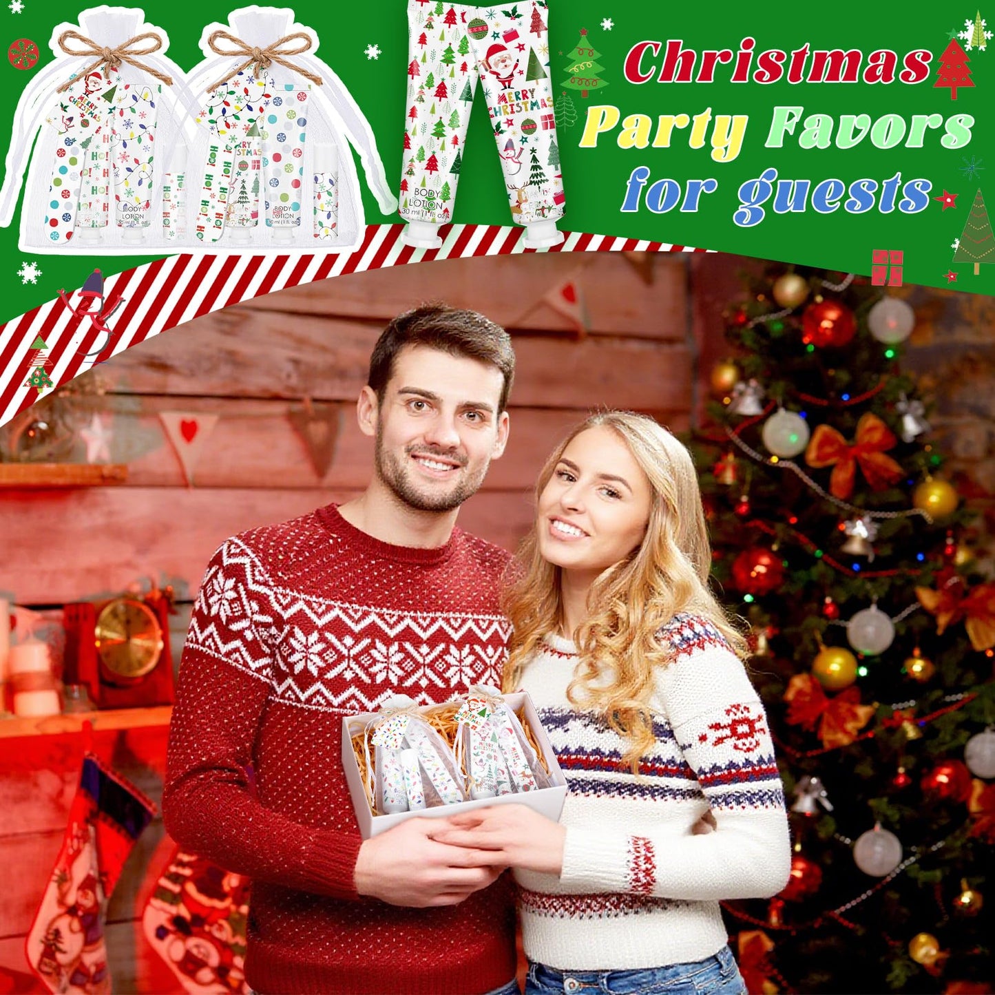 48 Sets/288 Pcs Christmas Party Favors Christmas Hand Cream Body Lotion Lip Balm Nail File Gifts Set Xmas Stocking Stuffers Travel Size Lotion Bulk Holiday Party Supplies for Coworkers Women Adults