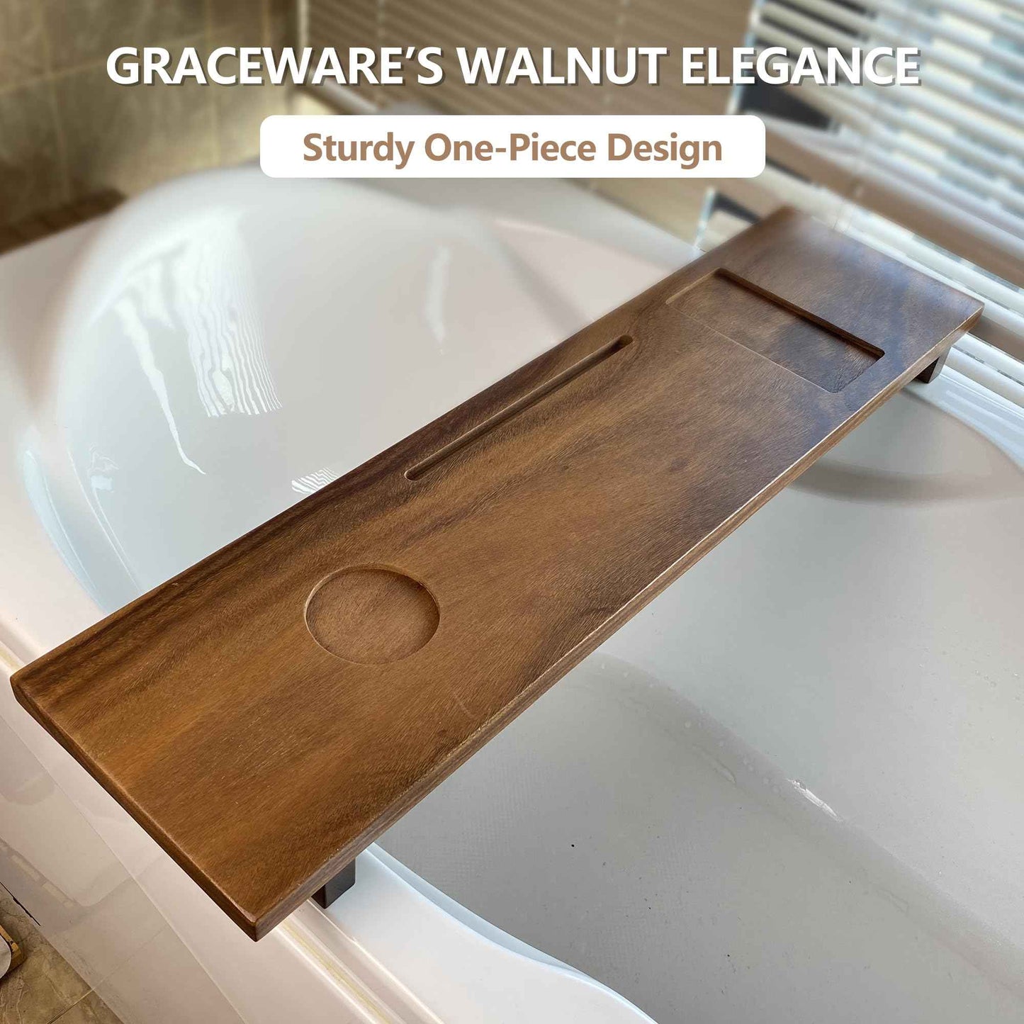 Graceware Solid Walnut Bathtub Tray, 35"x9"x2.5", Adjustable Feet, Anti-Tipping, Luxury Bathroom Accessory