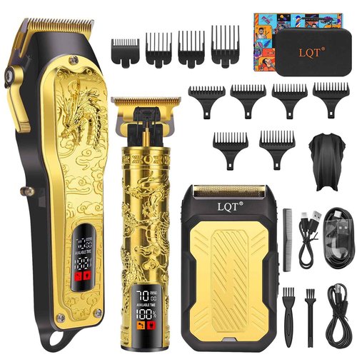 LQT Professional 3-in-1 Haircut and Shaving Set, Gold Design LED Display 17 Accessories + Travel Storage Box, Equipped with Large Capacity Battery, Holiday Gift, Men's Gift