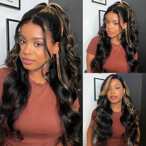 BMNH 13x6 Body Wave Highlight Lace Front Wig Human Hair FB/30 Ombre Lace Front Wig Human Hair Pre Plucked HD Lace Frontal Wigs 200% Density Colored Ombre Wig For Women 30 Inch