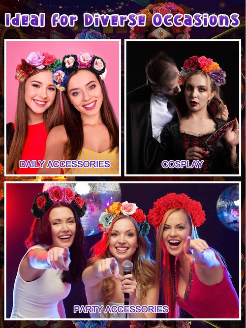 Zeyune Mexican Flower Headband Fiesta Rose Flower Crown Costume Mexican Headpiece for Women Party Cosplay Halloween(Mixed Color,16pcs)