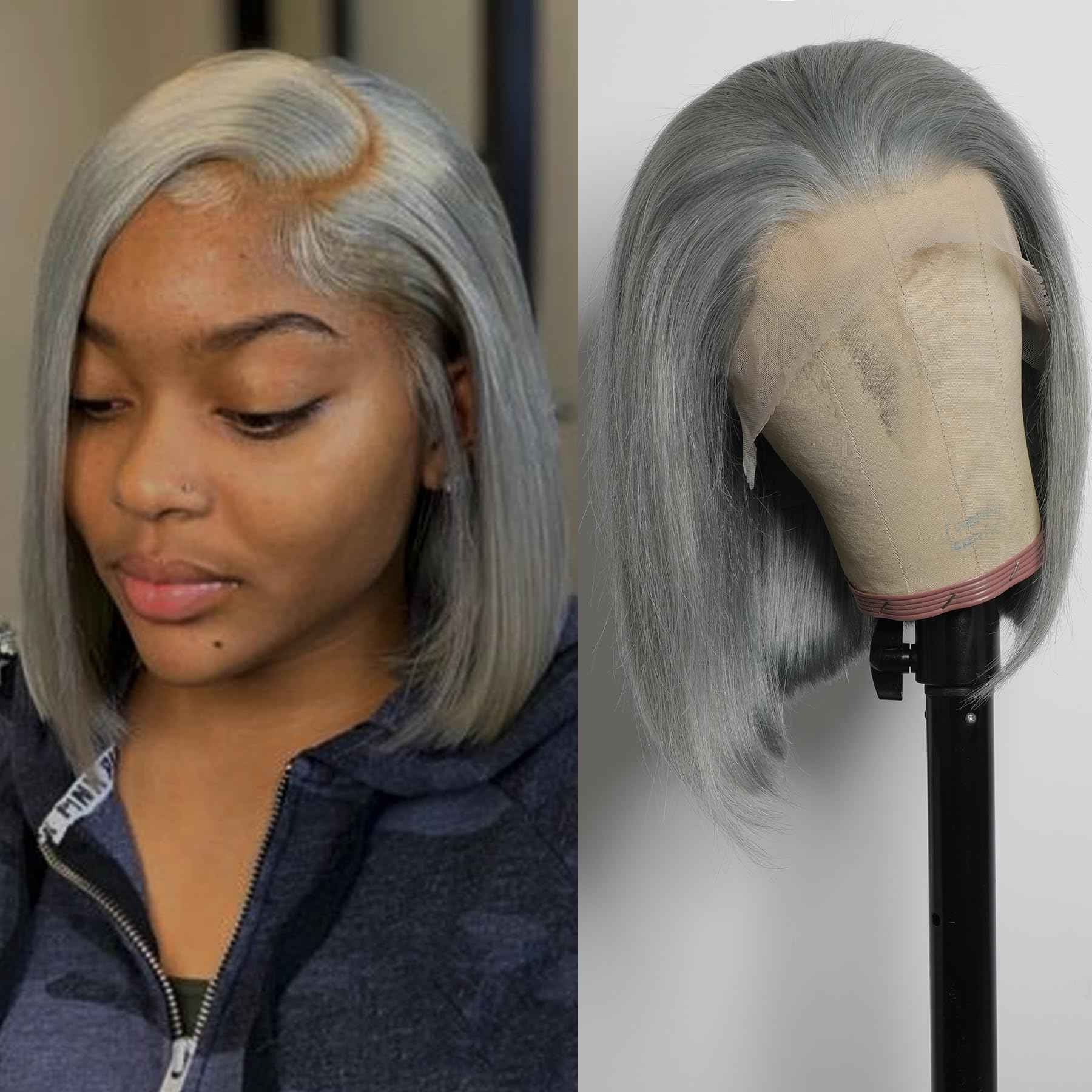 GIRLOFDREAMS Grey Colored Bob Wig Human Hair 13x4 Straight Lace Frontal Wigs Glueless 180 Density Pre Plucked with Baby Hair Short Brazilian Remy Gray Color Hair Transparent Front Wigs for Black Women