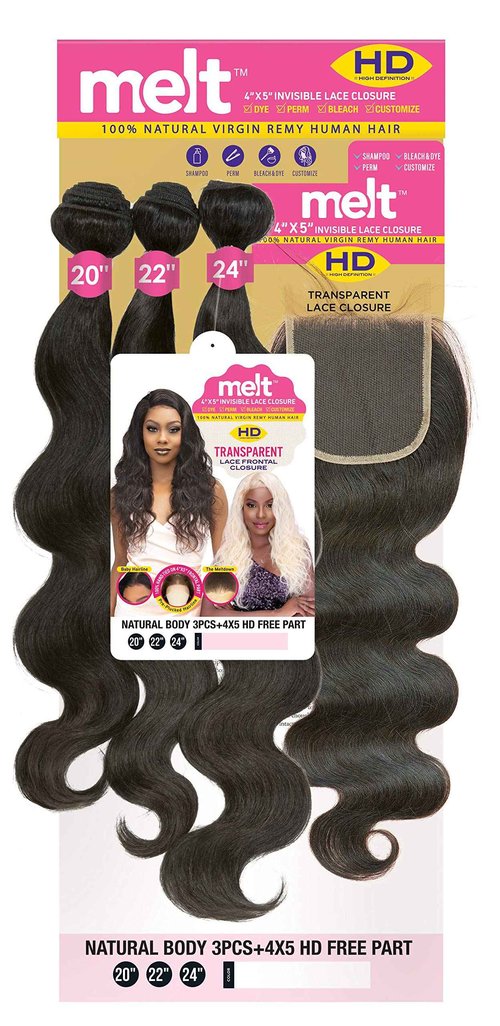 Janet melt 4x5 Invisible Lace Closure HD Free Part Transparent Lace Frontal Closure Natural Virgin Remy Human Hair MELT CLOSURE NATURAL BODY 3PCS (14"16"18", NATURAL)