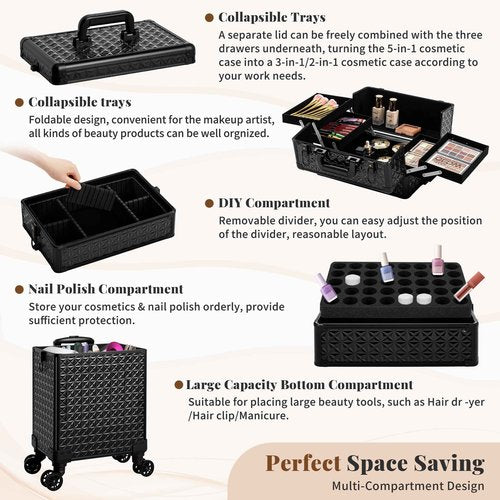 AROUS 5 in 1 Rolling Makeup Train Case Cosmetology Case on Wheels Large Cosmetic Organizer Travel Cart for Hairstylist Artist Nail Beauty Salon Barber,Black