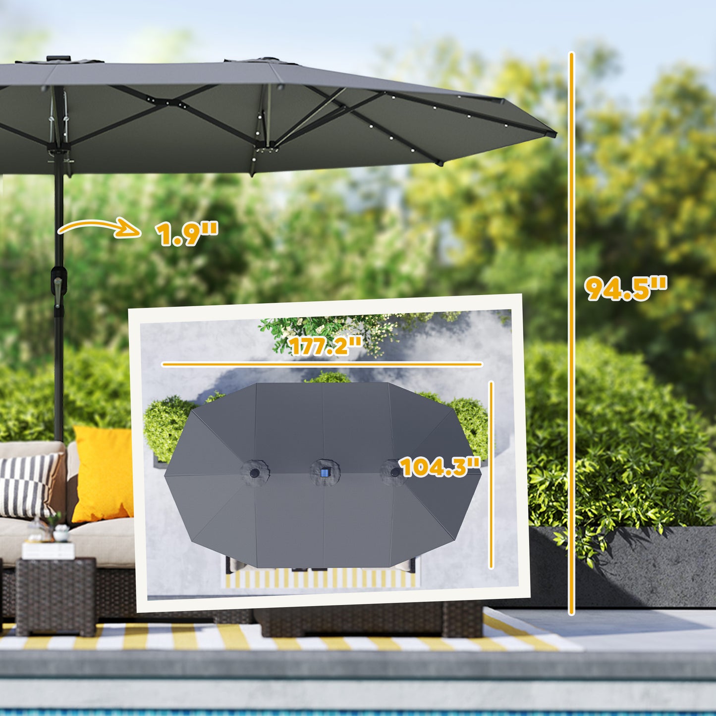 Double-Sided Garden Parasol with Solar LED Lights - Gray