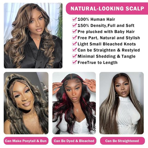 B-fashion Highlight Lace Front Wig Human Hair Pre Plucked 24 Inch Ombre 4x4 HD Lace Closure Wigs Human Hair Colored Body Wave Wear and Go Glueless Wigs Human Hair Pre Plucked Pre Cut 1B/27