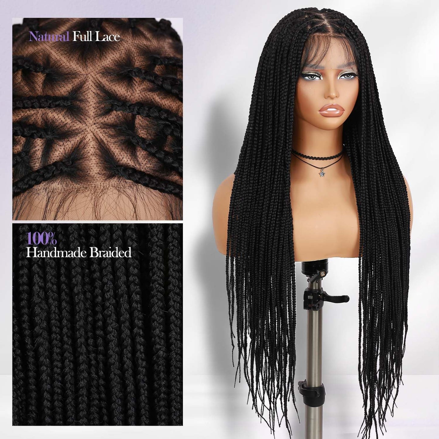 360 Full Lace Knotless Box Braided Wig, Long Black Synthetic Hair, Triangle Lace Front (Black, 34 inches)