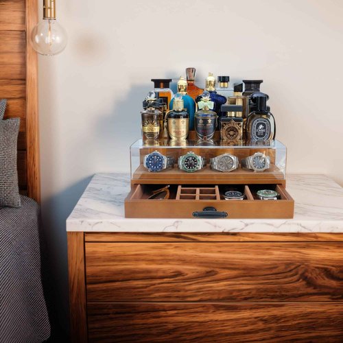 SeLuM Cologne Watch Organizer Walnut Brown – Wooden Perfume Display Stand with Jewelry Storage Drawer, Velvet Lining, Hidden Compartment – Large Cologne Holder – Gift Box Included