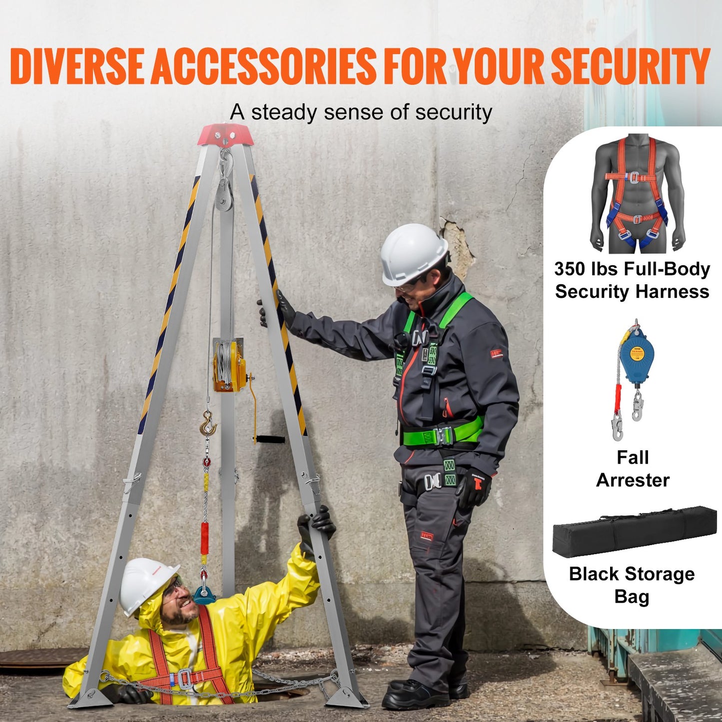 Confined Space Rescue Tripod Kit with 7-Ft Legs, 98-Ft Cable & Accessories
