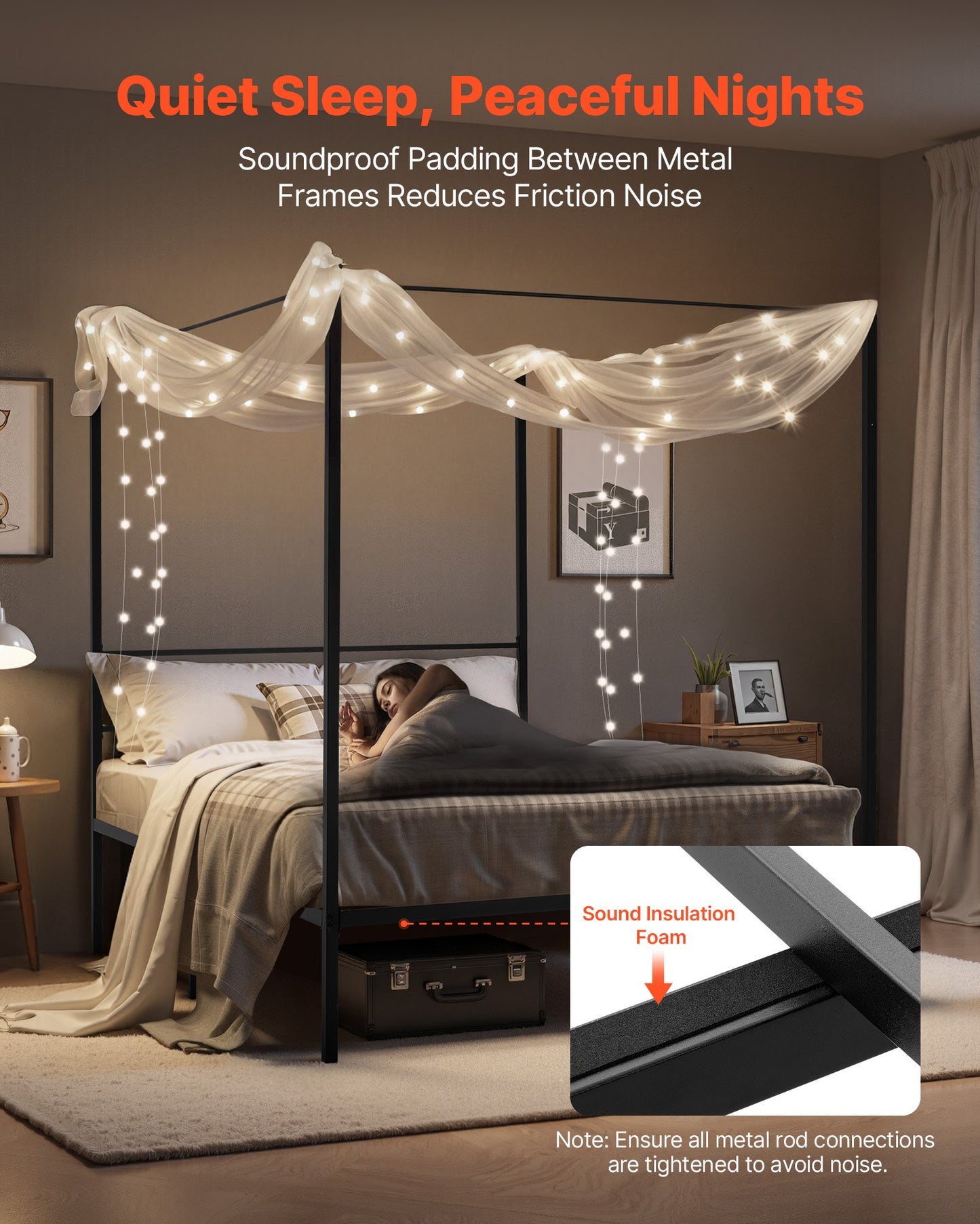Queen Size Metal Canopy Bed Frame with Four Posters, Heavy Duty Steel Slats, Underbed Storage, Easy Assembly, Black
