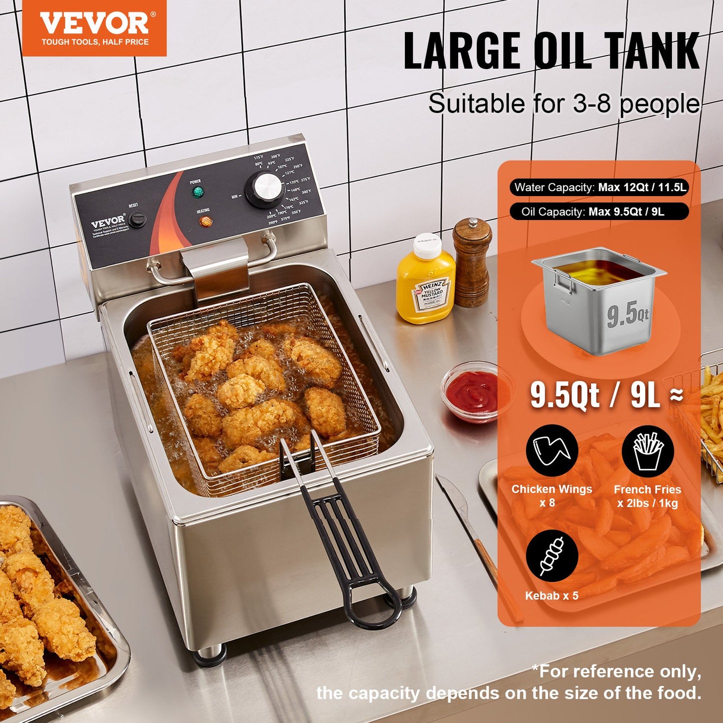 Commercial Electric Deep Fryer 12 Qt / 11.5L Countertop 1750W with Temperature Control - Silver