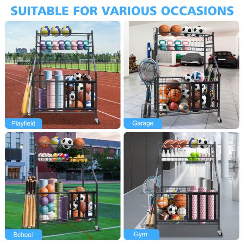 Garage Sports Equipment Storage Rack With Large Capacity, Wheeled,