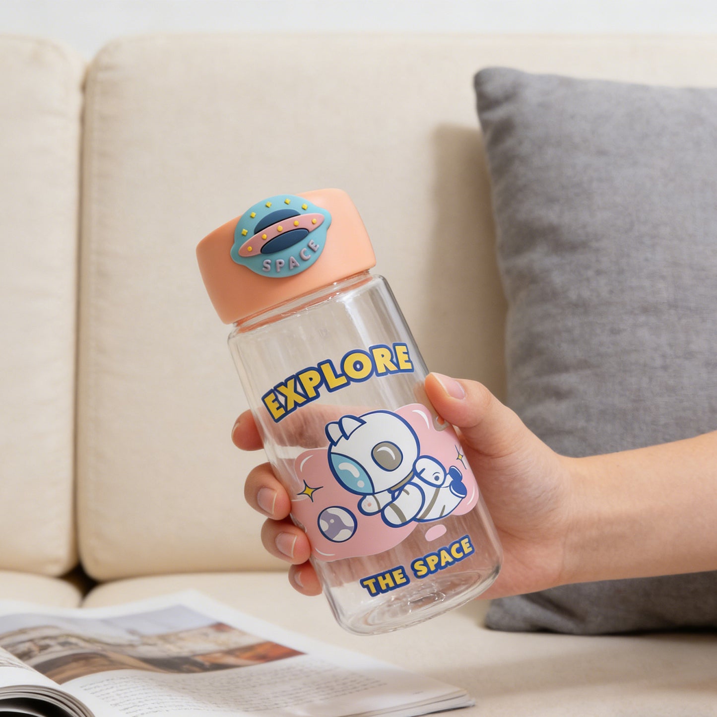Astronaut Cat Plastic Water Bottle - 400ml Pink