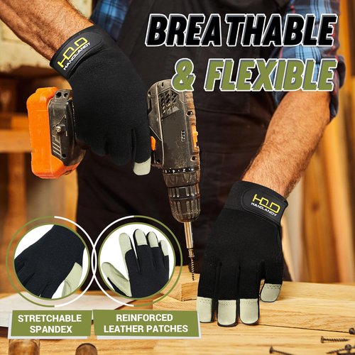 HANDLANDY Leather Work Gloves for Men & Women, Durable Glove for Gardening, Tig/Mig Welding, Construction, Chainsaw, Farm, Ranch. Utility, Firm Grip - White Black S