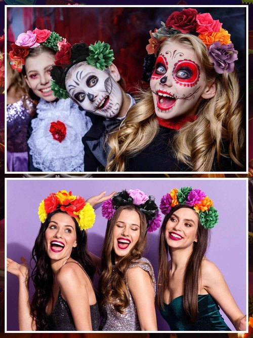 Zeyune Mexican Flower Headband Fiesta Rose Flower Crown Costume Mexican Headpiece for Women Party Cosplay Halloween(Mixed Color,16pcs)