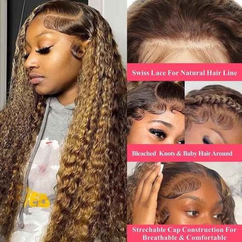 Labamiya Highlight Jerry Curly Human Hair Wig 4x1 T Closure Glueless Wigs Human Hair Pre Plucked Pre Cut Lace Closure Glueless Wigs Elastic Band 200% Density P4/30 Honey Blonde Color