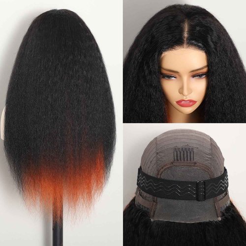 Sogram Wear and Go Glueless Yaki Straight Human Hair Wig Double Wear Wig No Glue Transparent HD Lace Wig 4x4 Kinky Straight Lace Closure Wigs Human Hair 180% Density 22 Inch (Orange and Black)